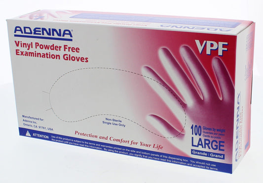 Adenna Vinyl Powder Free Examination Gloves. Large 100 Ct